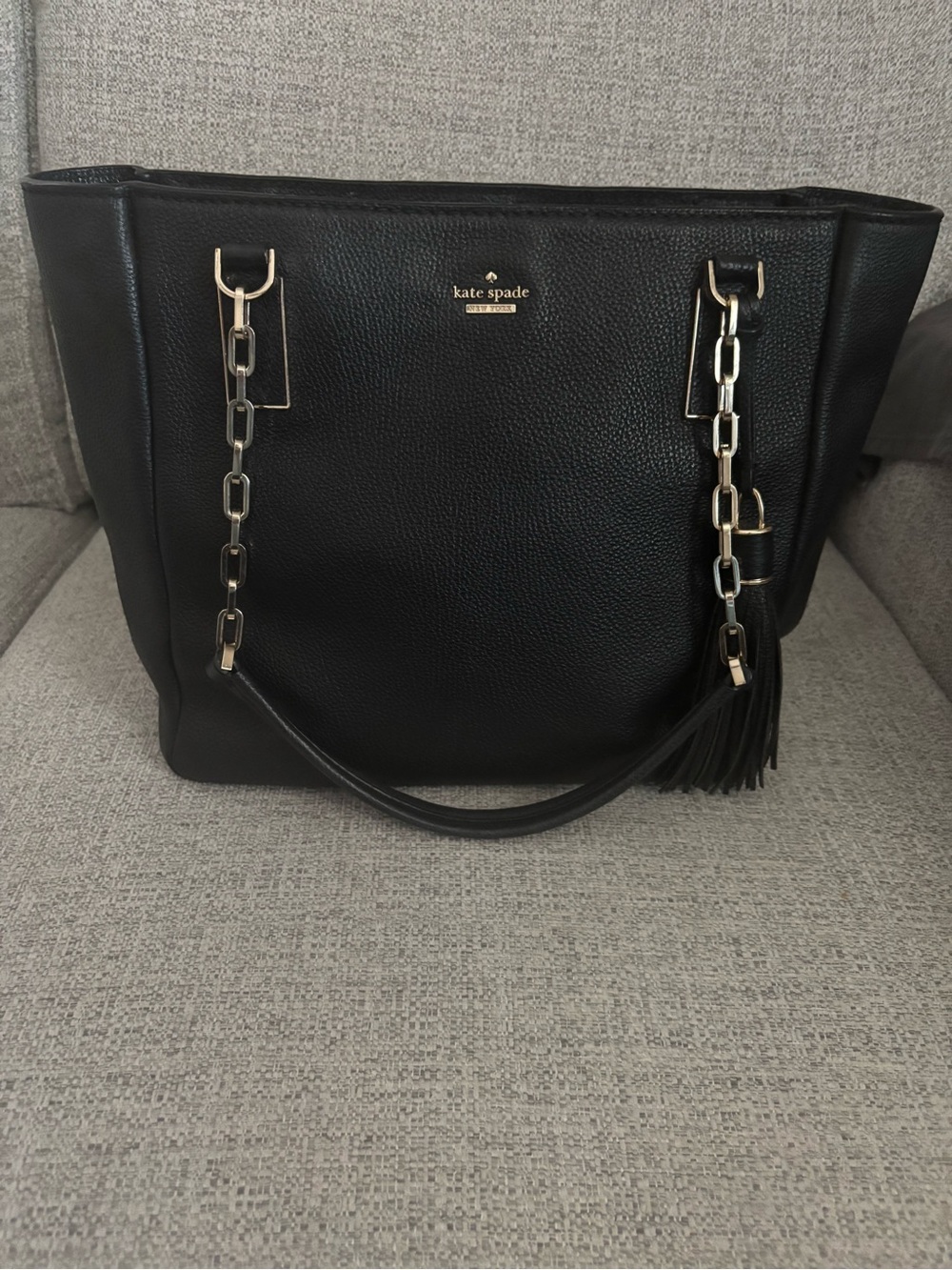 kate spade Black Leather Tote with Gold Chain Handles and Tassel
